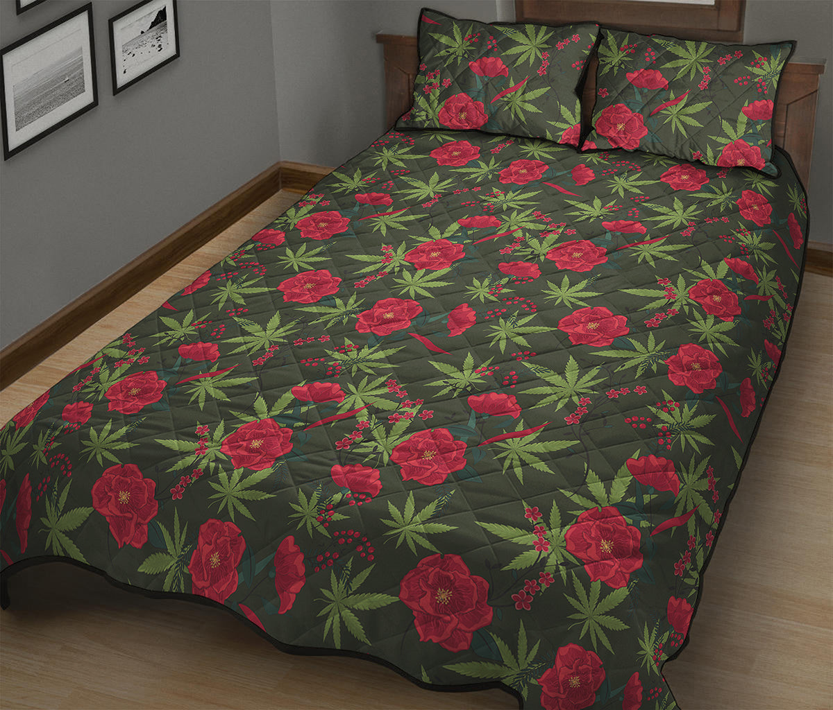Hemp Leaves And Flowers Pattern Print Quilt Bed Set