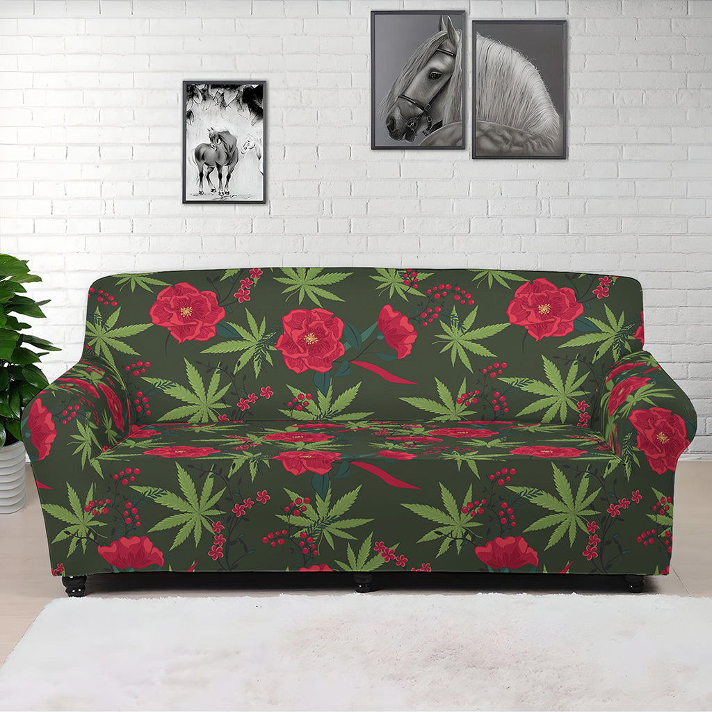 Hemp Leaves And Flowers Pattern Print Sofa Cover