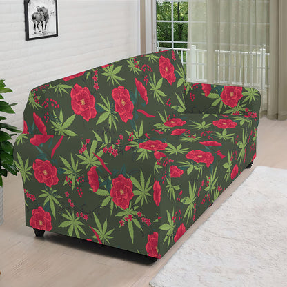 Hemp Leaves And Flowers Pattern Print Sofa Cover