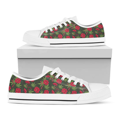 Hemp Leaves And Flowers Pattern Print White Low Top Shoes