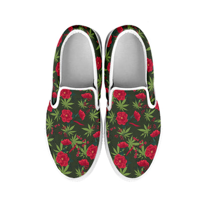Hemp Leaves And Flowers Pattern Print White Slip On Shoes