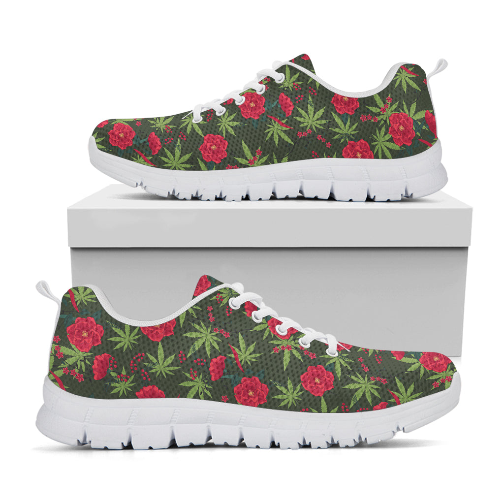 Hemp Leaves And Flowers Pattern Print White Sneakers