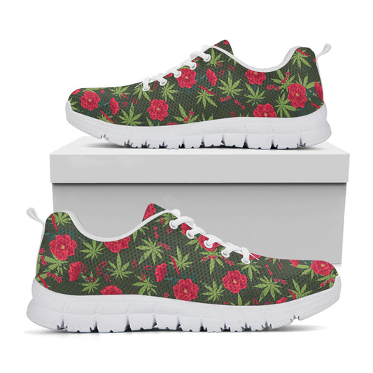 Hemp Leaves And Flowers Pattern Print White Sneakers