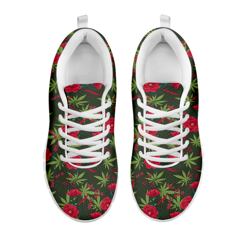 Hemp Leaves And Flowers Pattern Print White Sneakers