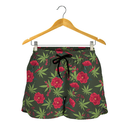 Hemp Leaves And Flowers Pattern Print Women's Shorts