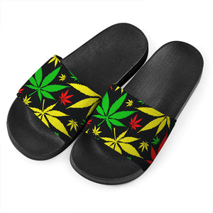 Hemp Leaves Reggae Pattern Print Black Slide Sandals