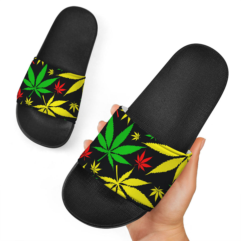 Hemp Leaves Reggae Pattern Print Black Slide Sandals