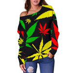Hemp Leaves Reggae Pattern Print Off Shoulder Sweatshirt GearFrost