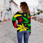 Hemp Leaves Reggae Pattern Print Off Shoulder Sweatshirt GearFrost