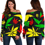 Hemp Leaves Reggae Pattern Print Off Shoulder Sweatshirt GearFrost