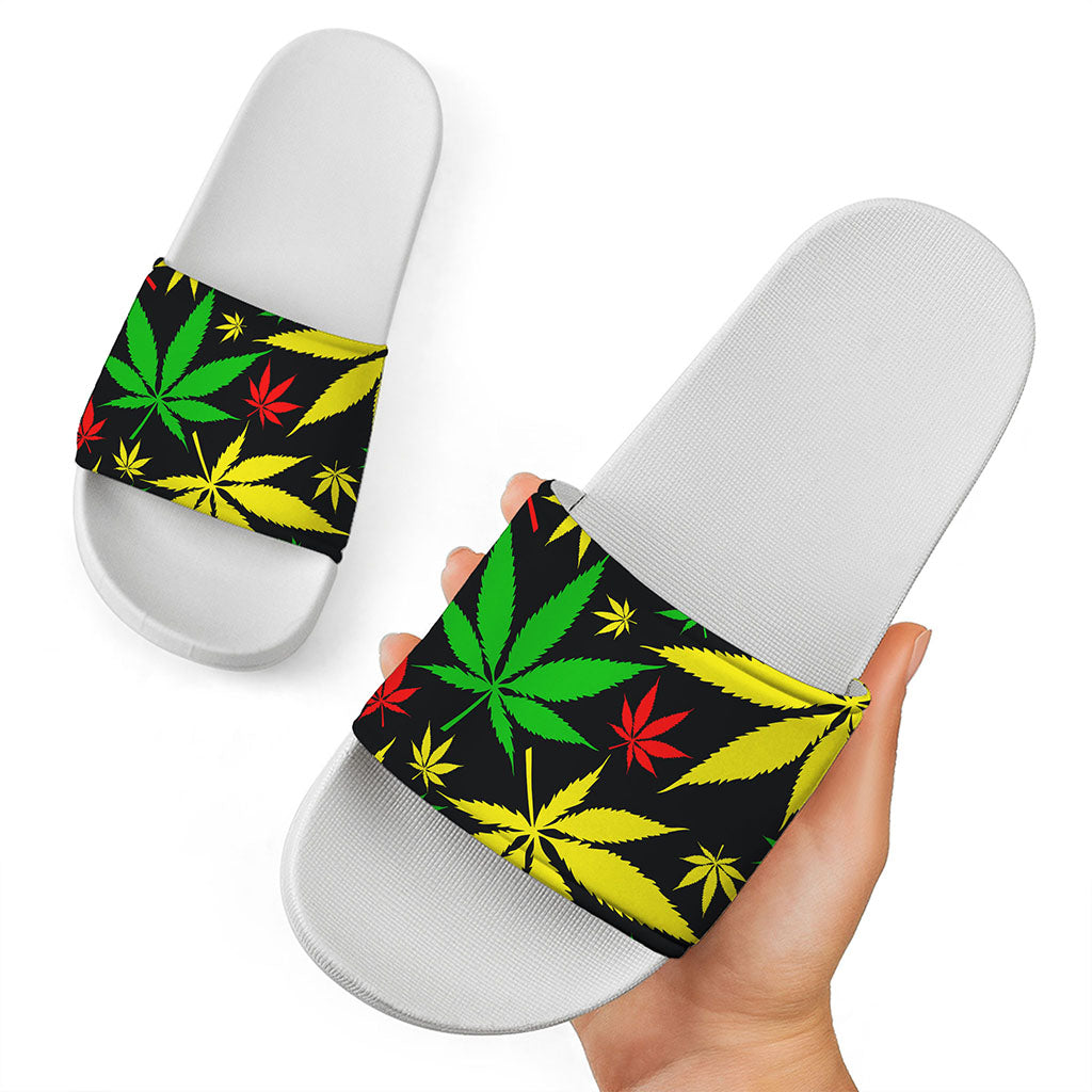 Hemp Leaves Reggae Pattern Print White Slide Sandals