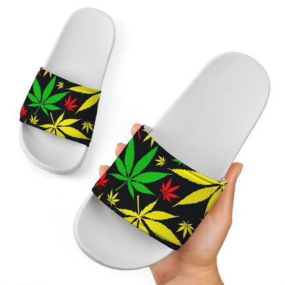 Hemp Leaves Reggae Pattern Print White Slide Sandals