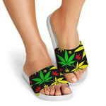 Hemp Leaves Reggae Pattern Print White Slide Sandals