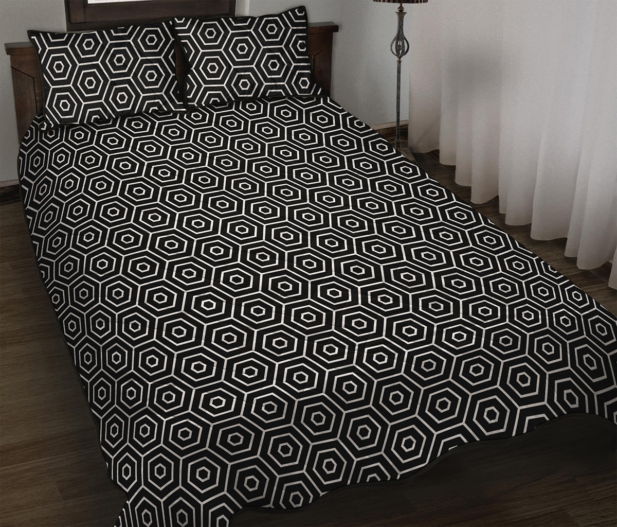 Hexagon Geometric Pattern Print Quilt Bed Set