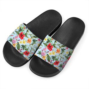 Hibiscus Flower Floral Pattern Print Black Slide Sandals