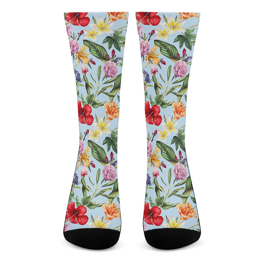 Hibiscus Flower Floral Pattern Print Crew Socks