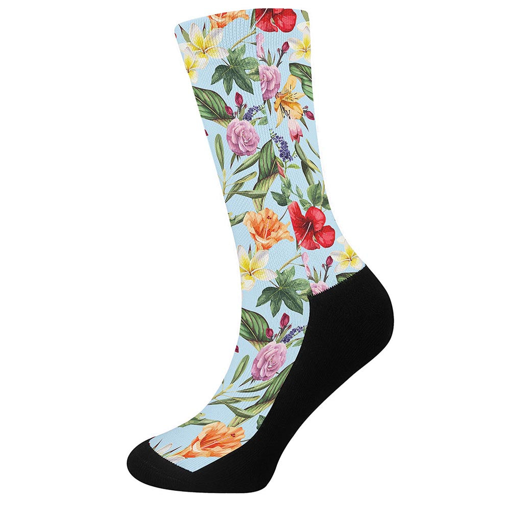 Hibiscus Flower Floral Pattern Print Crew Socks