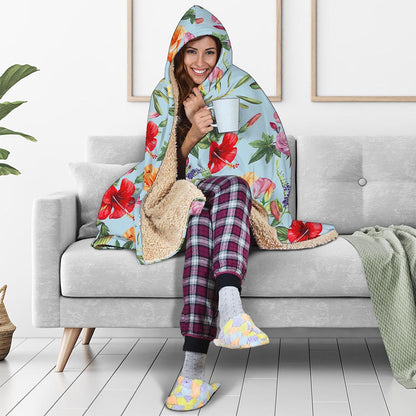 Hibiscus Flower Floral Pattern Print Hooded Blanket