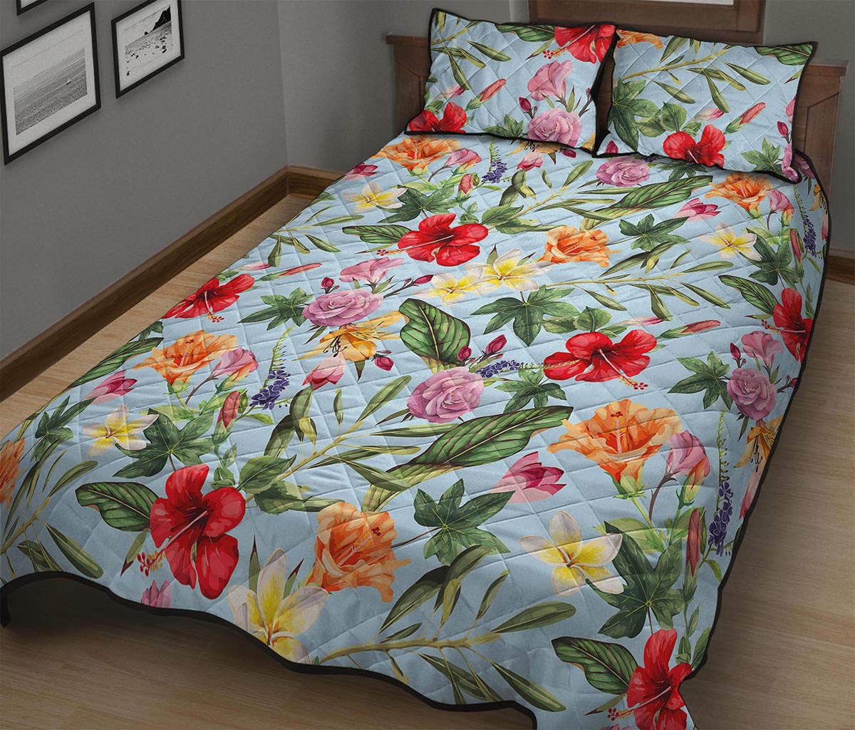 Hibiscus Flower Floral Pattern Print Quilt Bed Set