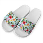Hibiscus Flower Floral Pattern Print White Slide Sandals