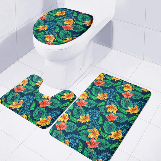 Hibiscus Monstera Hawaii Pattern Print 3 Piece Bath Mat Set