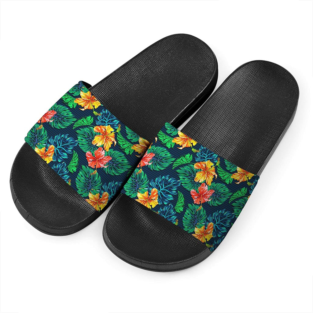 Hibiscus Monstera Hawaii Pattern Print Black Slide Sandals
