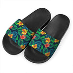 Hibiscus Monstera Hawaii Pattern Print Black Slide Sandals