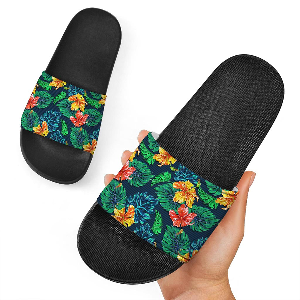 Hibiscus Monstera Hawaii Pattern Print Black Slide Sandals