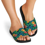 Hibiscus Monstera Hawaii Pattern Print Black Slide Sandals