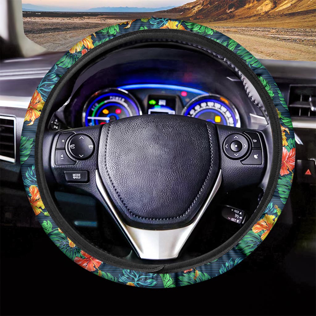 Hibiscus Monstera Hawaii Pattern Print Car Steering Wheel Cover