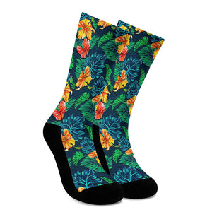 Hibiscus Monstera Hawaii Pattern Print Crew Socks