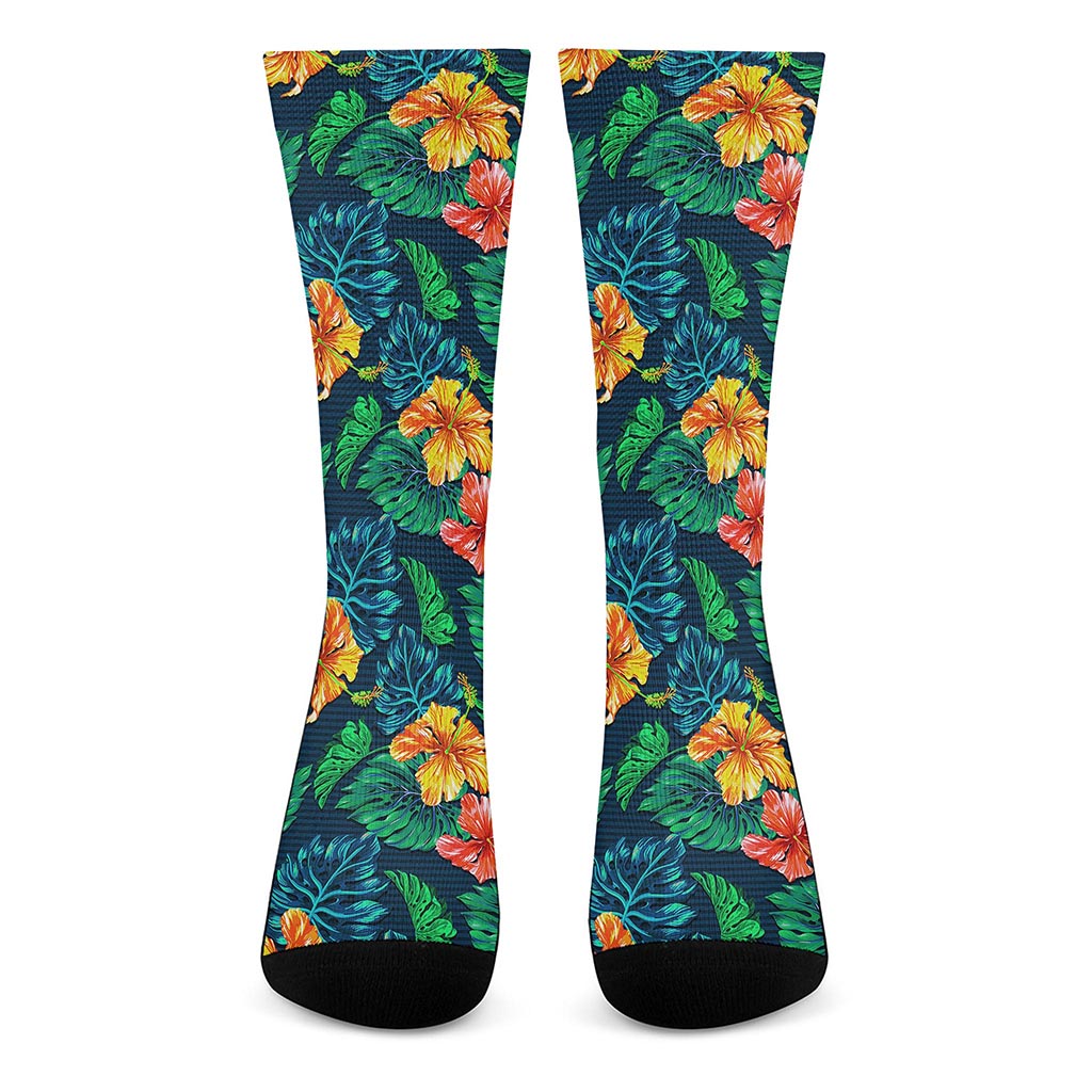 Hibiscus Monstera Hawaii Pattern Print Crew Socks