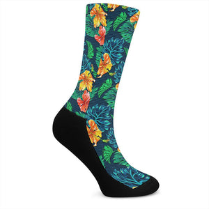 Hibiscus Monstera Hawaii Pattern Print Crew Socks