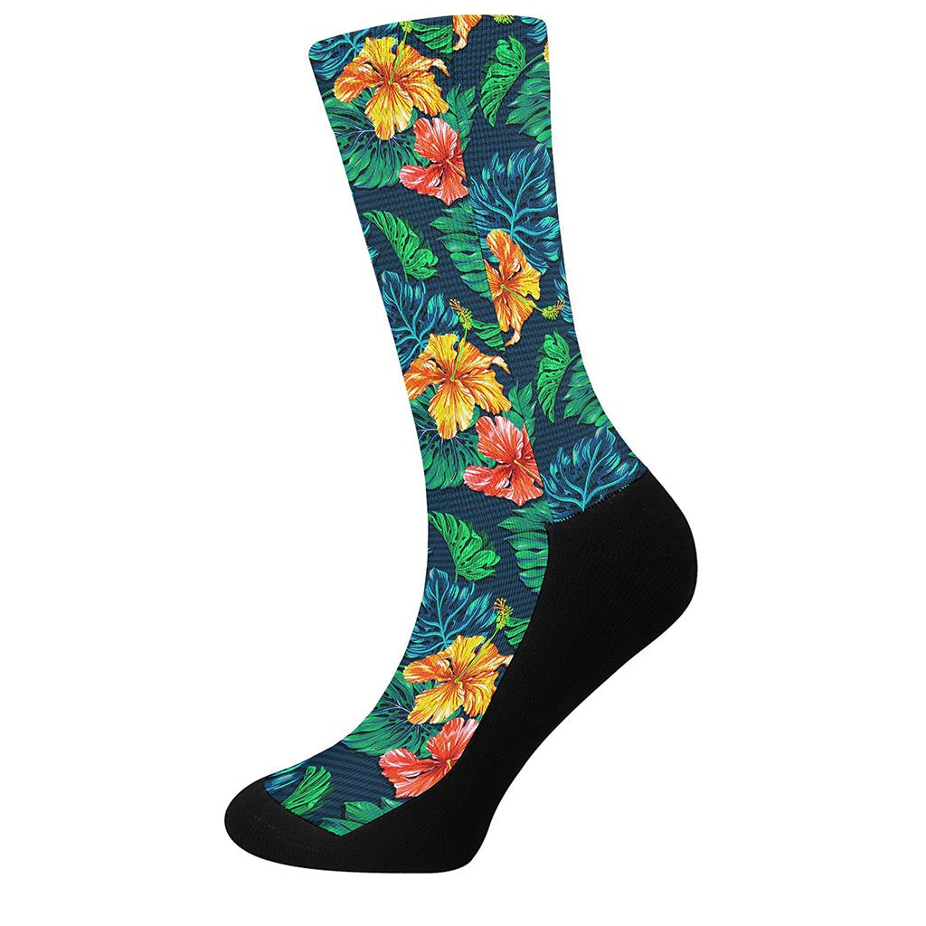 Hibiscus Monstera Hawaii Pattern Print Crew Socks