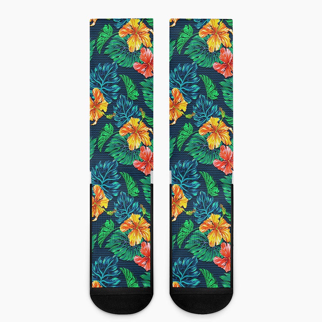 Hibiscus Monstera Hawaii Pattern Print Crew Socks