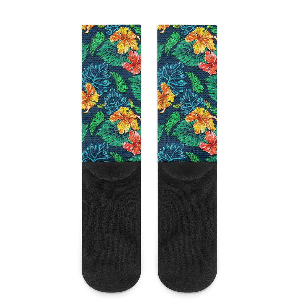 Hibiscus Monstera Hawaii Pattern Print Crew Socks