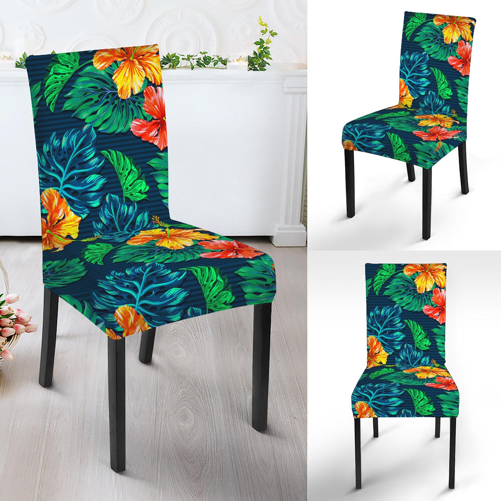 Hibiscus Monstera Hawaii Pattern Print Dining Chair Slipcover