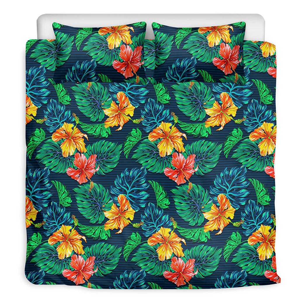 Hibiscus Monstera Hawaii Pattern Print Duvet Cover Bedding Set