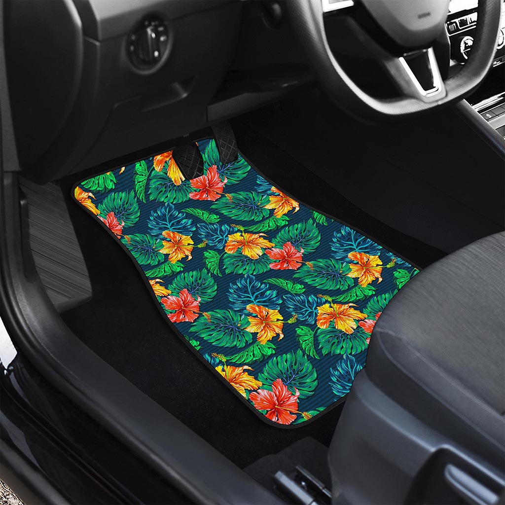 Hibiscus Monstera Hawaii Pattern Print Front and Back Car Floor Mats