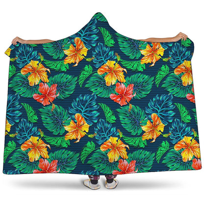 Hibiscus Monstera Hawaii Pattern Print Hooded Blanket