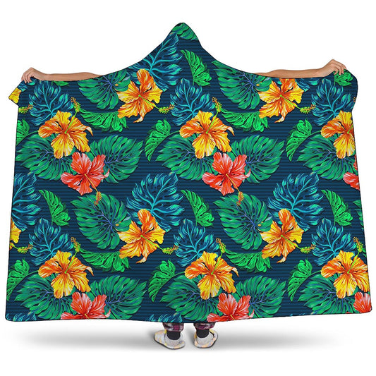 Hibiscus Monstera Hawaii Pattern Print Hooded Blanket