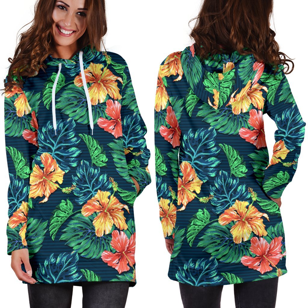 Hibiscus Monstera Hawaii Pattern Print Hoodie Dress GearFrost