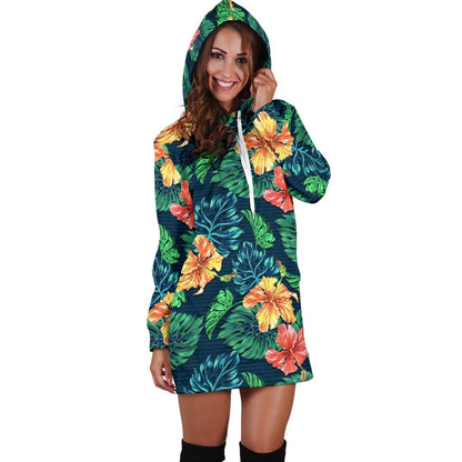 Hibiscus Monstera Hawaii Pattern Print Hoodie Dress GearFrost