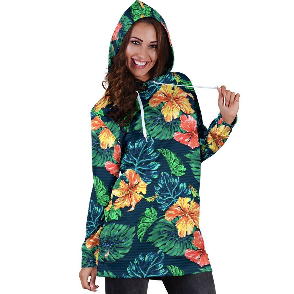 Hibiscus Monstera Hawaii Pattern Print Hoodie Dress GearFrost