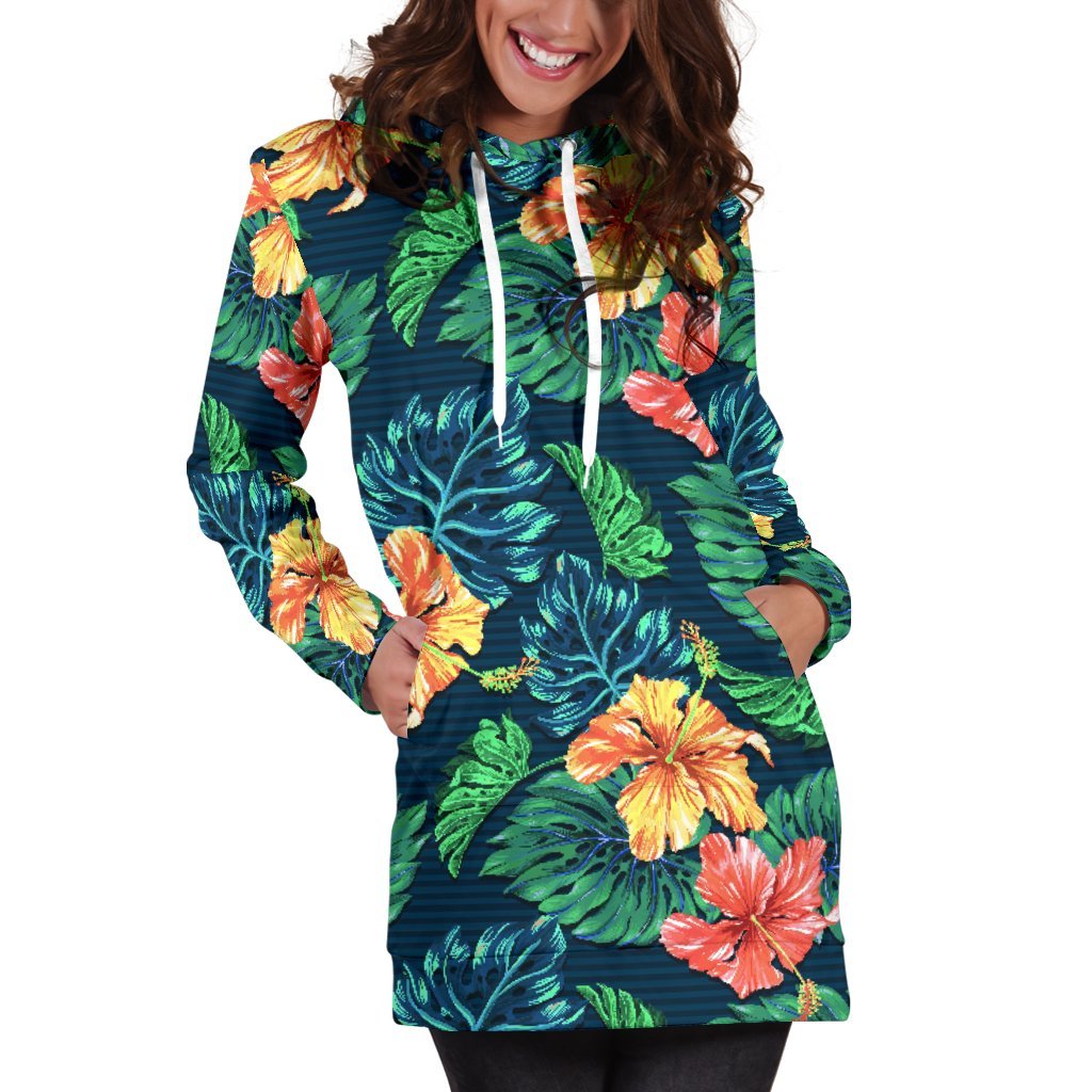 Hibiscus Monstera Hawaii Pattern Print Hoodie Dress GearFrost