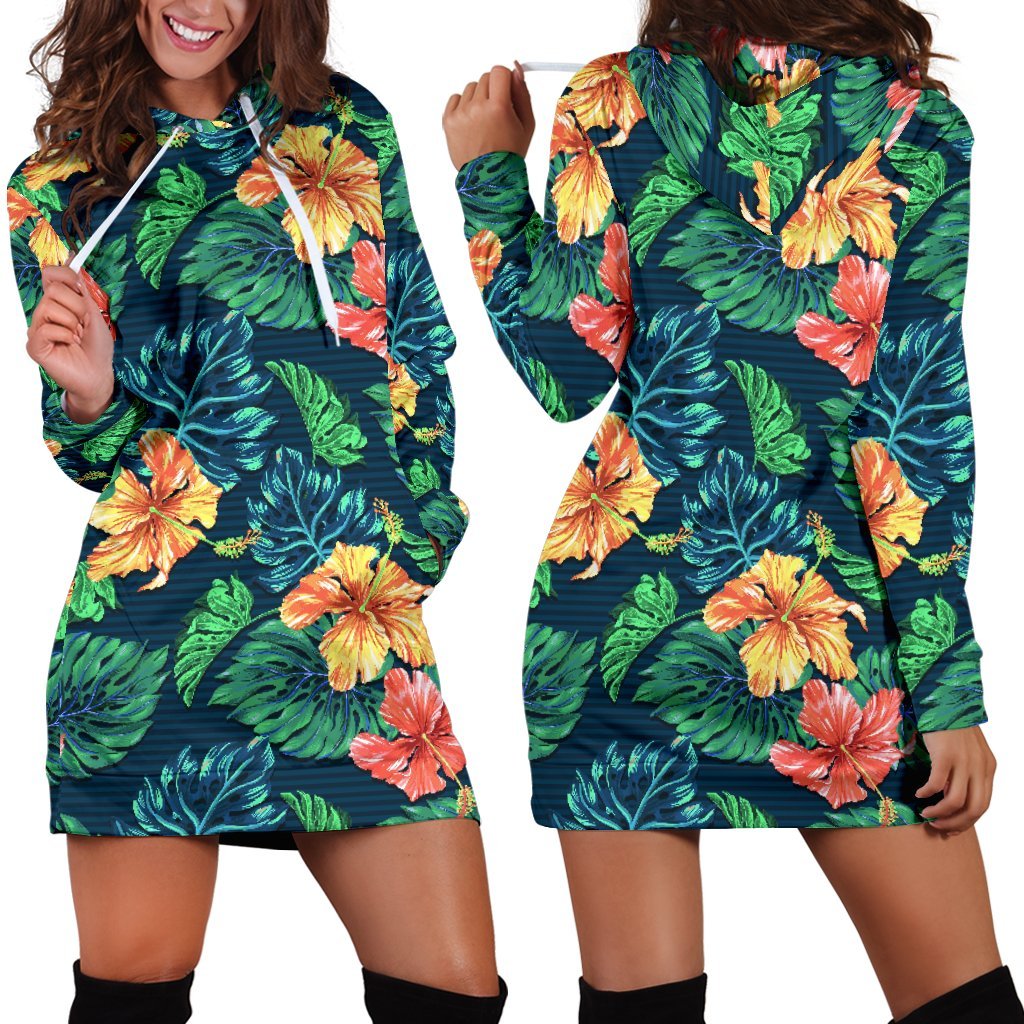 Hibiscus Monstera Hawaii Pattern Print Hoodie Dress GearFrost