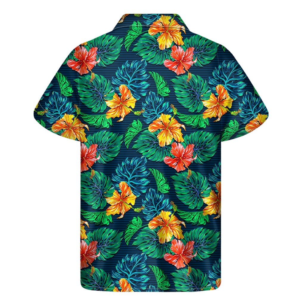 Hibiscus Monstera Hawaii Pattern Print Men's Short Sleeve Shirt