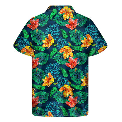 Hibiscus Monstera Hawaii Pattern Print Men's Short Sleeve Shirt
