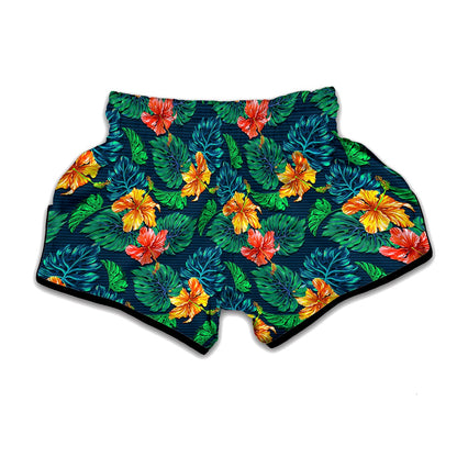 Hibiscus Monstera Hawaii Pattern Print Muay Thai Boxing Shorts