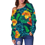 Hibiscus Monstera Hawaii Pattern Print Off Shoulder Sweatshirt GearFrost